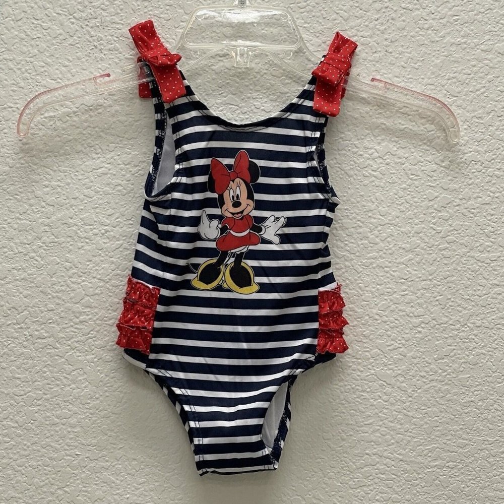 Disney Minnie Mouse 1 Piece Bathing Swim Suit Size 2T Nautical Striped Ruffles